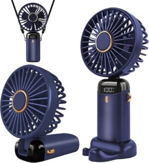 Jsdoin Hand Held Fan,Portable Handheld USB Rechargeable Fans with 5 Speeds,Battery Operated Mini Fan Foldable Desk Desktop Fans with LED Display for Home Office Bedroom Outdoor Travel (DarkBlue)