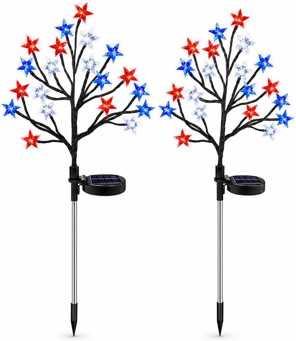 4th of July Decorations Outdoor, Patriotic Red White and Blue Solar Lights, Star Garden Stake Lights for Memorial Day, Yard, Lawn and Pathway Decor (2PS)