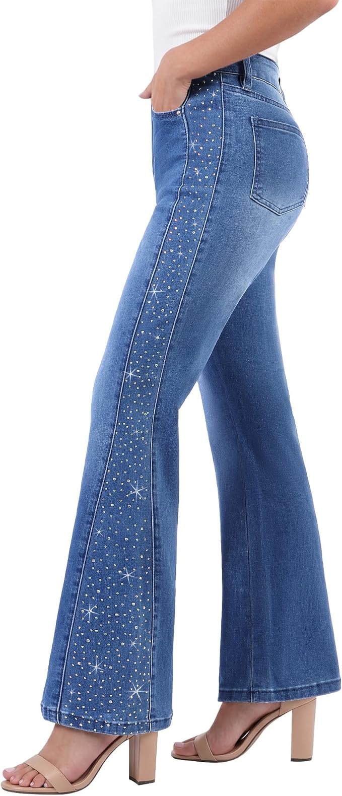 GRAPENT Flare Jeans for Women High Waisted Trendy Wide Leg Embellished Rhinestone Sparkly Concert Stretchy Denim Pants