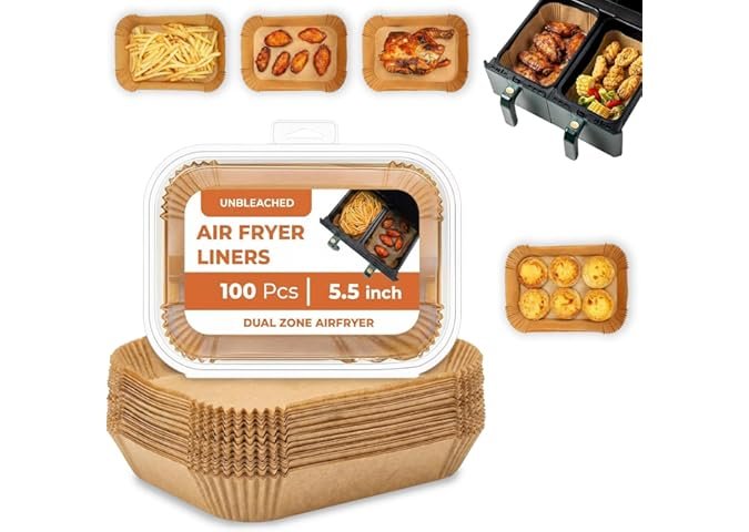 71KmdGz8K5L._AC_UL675_SR675,480_ Roe Tenpo Air Fryer Liners, 100Pcs Disposable Baking Parchment Paper, Non-Stick & Greaseproof, Air Fryer Accessories for Ninja AF300UK AF400UK, Salter, Tower and Other Dual Zone Air Fryer