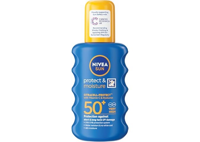 NIVEA SUN Protect & Moisture Sun Spray SPF 50+ (200ml), Moisturising Suncream Spray with Vitamin C and Hyaluron, Immediate UVA/UVB Protection, Fast-Absorbing No White Cast Formula