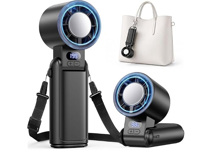 Handheld Fan Rechargeable with LED Display & Clip, 1-199 Speed | 3-in-1 Hand/Neck/Desk Fan, 24ft/s Powerful Airflow, 3600mAh Battery Up to 12H, Portable for Travel/Camping/Office/Home, Black