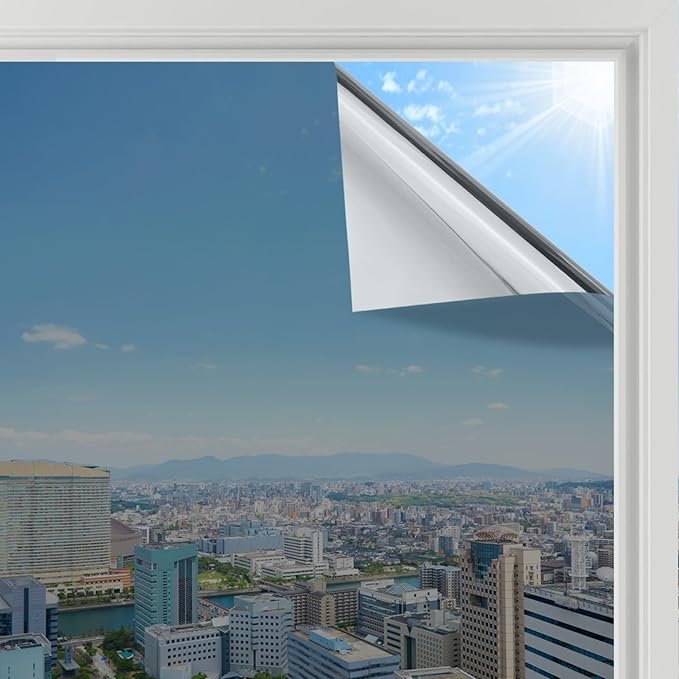 Rabbitgoo Heat Reflective Window Film Privacy, Silver, 44.5x200cm | One Way Mirror Tint Sticker Sun Blocker, UV Glass Sticker Mirror Heat Reflector Thermal Solar Vinyl Silver