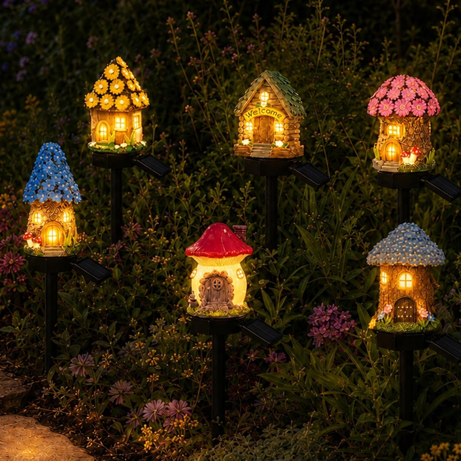 6 Pack-Solar Lights Outdoor, Mushroom Fairy House Stake Lights, Waterproof Cute Garden Decor for Yard, Lawn, Pathway, Patio & Cottage Garden