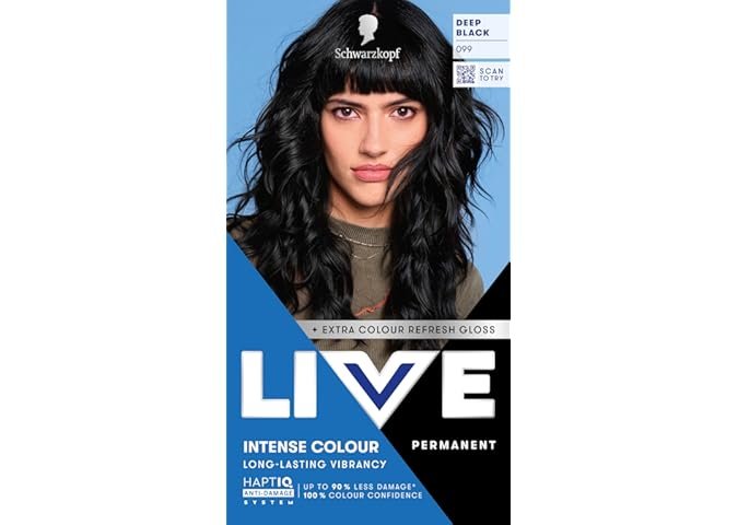 Schwarzkopf LIVE Intense Colour 099 Deep Black, Long-lasting Permanent Black Hair Dye, With Extra Colour Refresh Gloss
