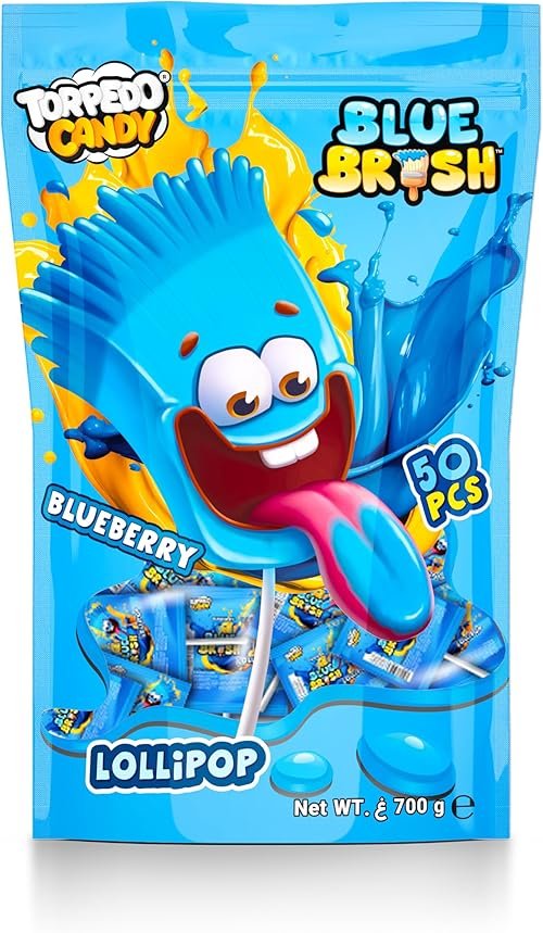 Torpedo Candy Blue Brush Blueberry Lollipop - Pack of 50 Pieces,14g Each, Kids Friendly Flavorful Lollipop Candy, Perfect for Parties & School Lunchbox Surprise