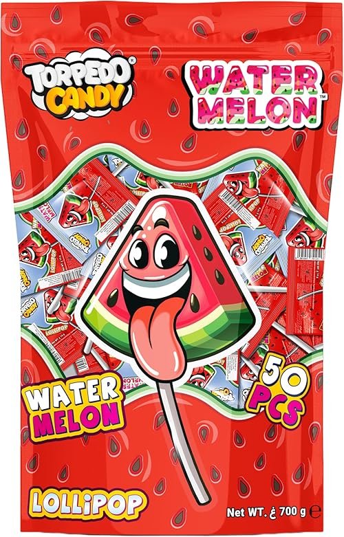 Torpedo Watermelon Lollipop Candy – Pack of 50 Pcs, 14g Each – Juicy Fruity Hard Candy Pops, Individually Wrapped Bulk Sweets for Kids, Party Favors & Fun Snacks